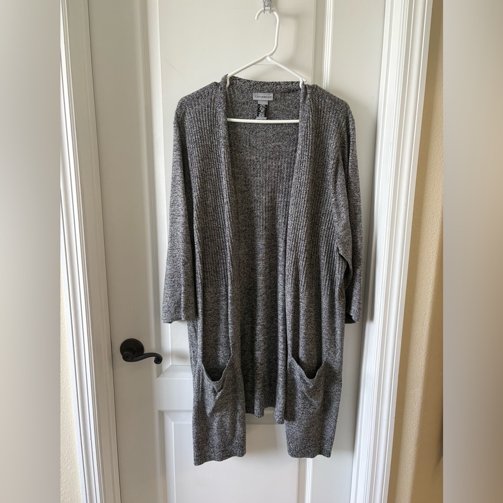 Catherines Cardigan 2X Gray Longline Open Front Pockets Plus Size